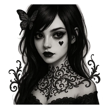 elegant emo girl with heart face, gothic filigree, butterfly hairpin, dark hair, mysterious vibe sticker