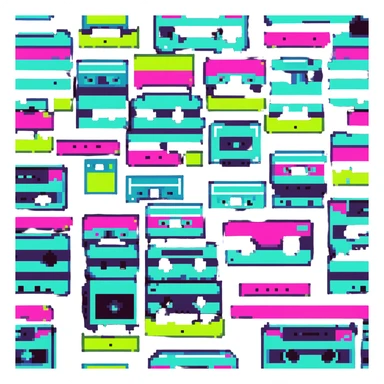 icon representing the 1980s with retro elements like cassette tape, neon colors, and geometric shapes sticker