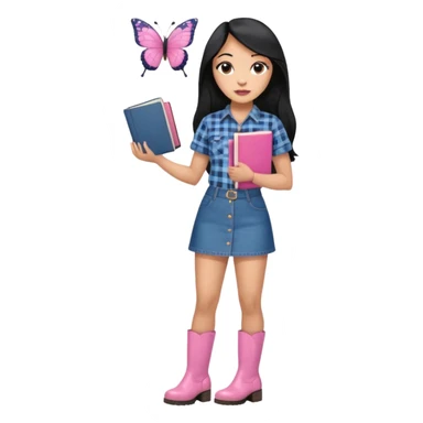 A plus-size light-skinned Black woman is wearing makeup. She has long, straight, waist-length black hair and is wearing a short-sleeved flannel shirt with a pink butterfly print, a denim miniskirt, and pink boots. She is standing and holding a book with her forearm raised. sticker