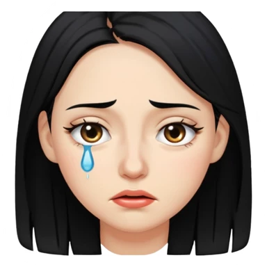 A woman in her late 20s with black hair with tears in her eyes and a look of hunger sticker