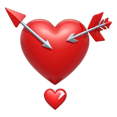 Apple-style 3D illustration of a glossy red heart pierced by a horizontal double-ended arrow. One end of the arrow has a small female symbol, the other end has a small male symbol. The heart is centered, shiny, with soft shadows, floating on a clean white background, minimal and emotional design sticker