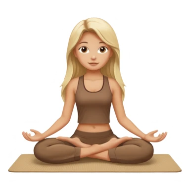 Blonde long hair girl sitting on a beige rug doing yoga, brown clothes sticker