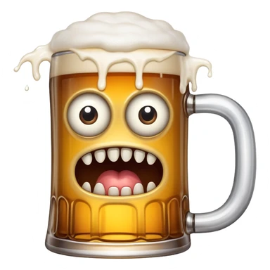 A wobbly beer tankard with eyes and teeth like a mimic monster, overflowing with beer sticker
