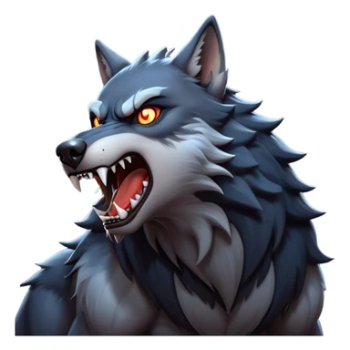 cinematic-noble-fierce-werewolf-howling-portrait-emoji, poised-and-imposing, with a fierce wolfish face tilted upwards in a haunting howl, glowing eyes full of primal ferocity, sharp, and a rugged snout, fur rippling in shades of midnight black and silver, muscles tensed as the powerful howl echoes beneath the moonlit sky; rendered with realism, capturing the raw, untamed power of the beast in its wild, primal state sticker