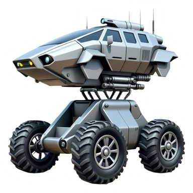Futuristic jumping four-legged armored canine sporty self-balancing massive trail assault vehicle motor-in-wheel side-hill leaning actively robotically articulating hydraulic independent suspended pod gimbal defender antique off-road racing rover with large fast engine basher crawler megatron  sticker