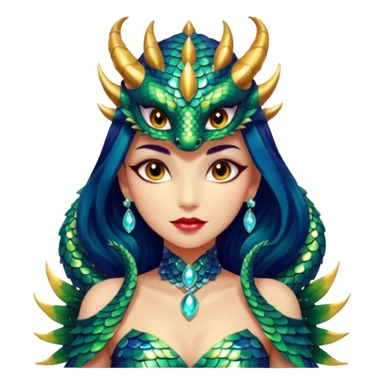 A gorgeous dragon woman with glittering jeweled scales covering her body and face. She has large almond shaped eyes, lush lips, and she wears a stunning luminescent gown. sticker