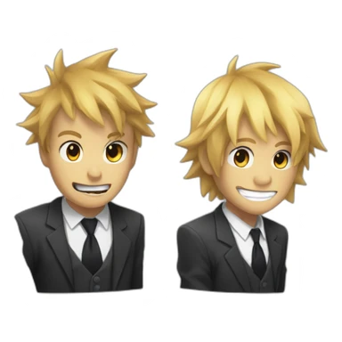 Denji with his blond hair in a shaggy style, brown eyes, with his shark teeth, is smiling evil and with a shirt with a black tie and without a suit from chainsawman sticker