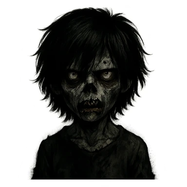 boy zombie with black medium-long emo shaggy hair, dark and spooky, creepy expression sticker