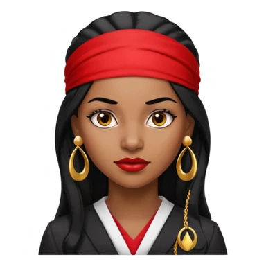 Black woman, 30 years old, lawyer, long black hair, red headband, strong and sharp expression, small round earrings sticker
