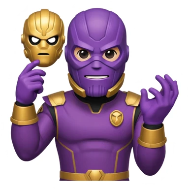 playful emoji icon of Thanos in Squid Game guard uniform, red jumpsuit, black mask with triangle, purple skin, strong jaw, Infinity Gauntlet, minimalistic, bold lines, bright, cute sticker
