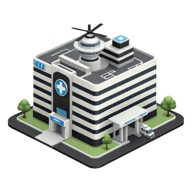 hospital isometric view building with heliport sticker