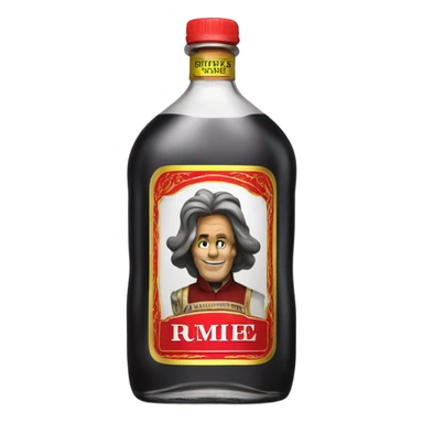 Tall clear alcohol bottle of “Rumple Minze” alcohol with black and red label sticker