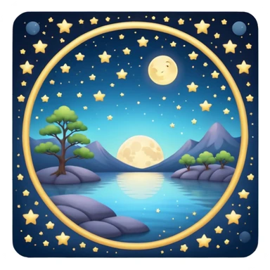 "Design a calming circle emoji for evening reflection. Soft moonlight, gentle stars, peaceful or spiritual symbols. No people - emphasize tranquil colors, night sky elements, and serene spiritual imagery." sticker