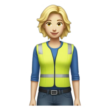 Ikea coworker blond woman blue stripes blue t-shirt and yellow security vest scanning palets sticker