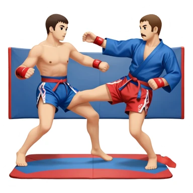 An icon symbolizing Sambo, featuring two fighters in blue and red kimonos with shorts. One executes a powerful throw, while the other attempts a defensive grab. The fighters are engaged in a grapple, using joint locks and sweeps. The background features a wrestling mat, highlighting the technical aspect of the sport. Transparent background. sticker