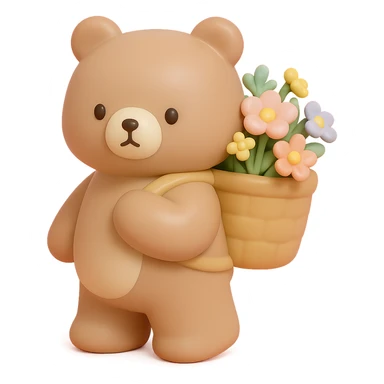 bear carrying a basket of wildflowers, soft pastel brown and cream, vinyl figure style sticker
