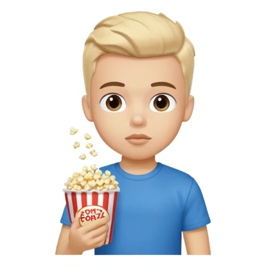 generate a pretty fair bratz boy with a blue tshirt on. eating popcorn sticker