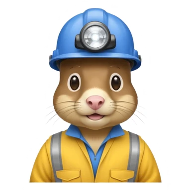 a mole rat, blue helmet, headlamp, yellow worker cloth sticker