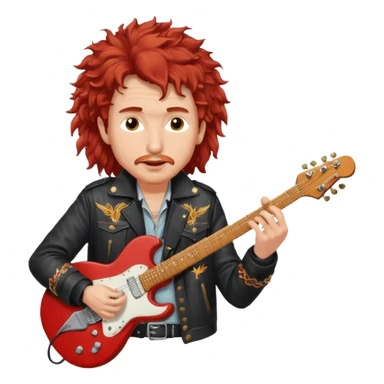 realistic cinematic Bob Dylan, unshaven and long haired, in a motor jacket embroidered with bronze cranes, plays an electric guitar, his long curly hair is red from the spotlights sticker