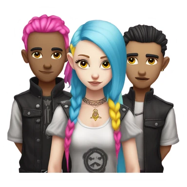 Blue eyed long eye lashes pout blonde and pink hair pale hime gyaru girl, hot pink and yellow split-dyed hair, nose ring, elf ears, dark makeup, punk clothes standing next to three diffrent men praying  sticker