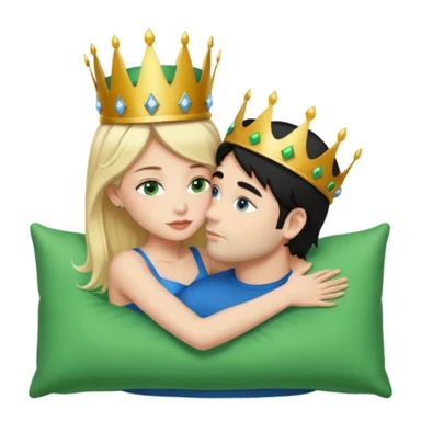 Blonde Queen with crown, Green eyes, naked, kissing man, naked, no crown, black hair, blue eyes, whole Body, Background Green pillow  sticker