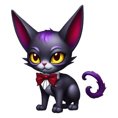 Cute-Evil-Vampiric-Batty-Cat-Black-Purple-Red-Yellow-Contrast-Colors-Fantasy-Fur-Sona-Chibi-Shiny-Fakémon-Hybrid with horns and big fangs neck bow white tie leg spats full body sticker