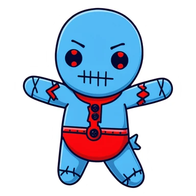A Carolina blue voodoo doll with red stitching and buttons for eyes, with several pins stuck in it sticker