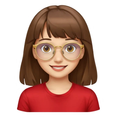 chica con piel blanca sonriendo, ojos marrones y pelo marrón muy largo con flequillo y lentes dorados con remera roja. sticker