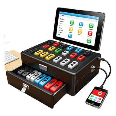 Open professional black testing case on wooden desk. Interior: control panel with colored sockets, USB ports, and power outlet. Inside: a roll of white QR-code calibration stickers.  red test probe.  sticker