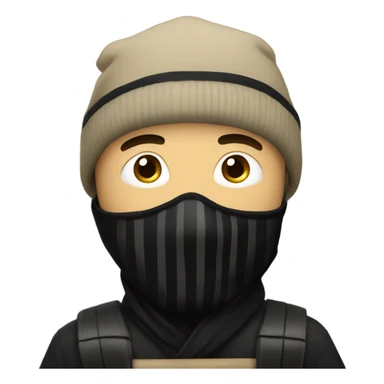 Man wearing a black beanie, white and black horizontal lines, and black mask, holding a khaki sack over his shoulder  sticker