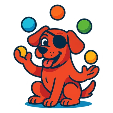 dog with red fur, blue eyes, wearing an eye patch, juggling colorful balls, cartoon style sticker
