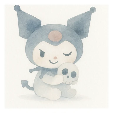 Kuromi character, watercolor art style, mischievous expression, holding a skull, light background sticker
