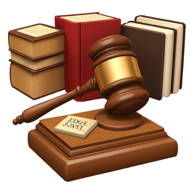 A 3D cartoon judge’s gavel resting on a block beside law books, warm wooden background, realistic Memoji-style rendering. sticker