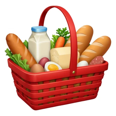 red basket with groceries: milk, bread, sausage, eggs, potatoes, carrots, onions, cabbage sticker