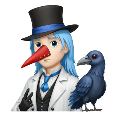 Plague Doctor with light-blue beautiful hair, handsome sexy, long hair tendril bangs down on the sides, white lab coat, blue cravat, black feathers on shoulder, raven companion, black gloves, red eyes sticker