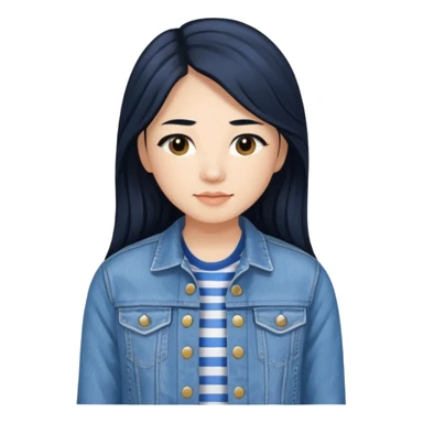 Teresa Li in black long hair, wearing blue and white striped shirt and denim jacket  sticker
