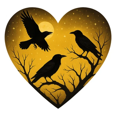  heart with yellow night sky and dark ravens, remove background sticker