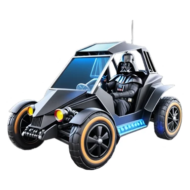 Mad max survival apocalypse ghostly sporty Darth Vader’s Batman-armored 1876 black graphite colored town buggy with horizontal holographic 3d stars painted on the body sides and neon under glow  sticker
