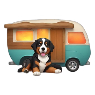 bernese mountain dog driving camper and wood-fire sticker