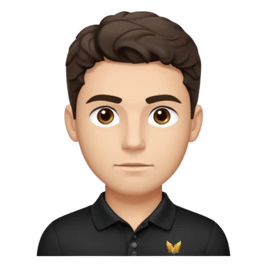 He’s a man with light to medium skin, a defined oval face, full brows, deep-set eyes, and wavy short dark brown tall hair styled with height, sides are trimmed. muscular. expression calm and focused relaxed black polo shirt. polished, articulate, and coach vibe. tall hair.  sticker