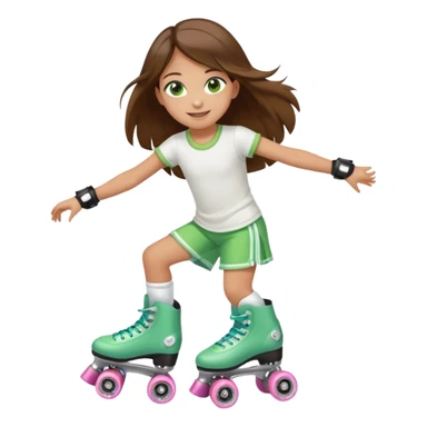 an 8 year old girl with green eyes and long brown hair. smiling. skating on quad style roller skates with white boot. sticker