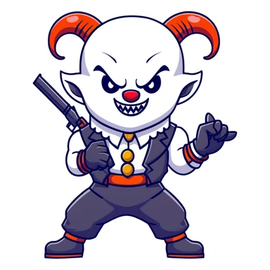 full-body muscular demonic clown in a black and white leisure suit with bellbottom pants, bald, with black ram horns, flashy black and white belt, ruffled white shirt, no neck tie, large fangs, holding a very large futuristic rifle sticker