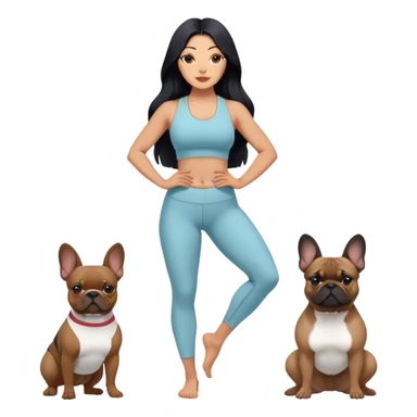 latin woman in a yoga outfit with long black hair standing alongside two French bulldogs  sticker