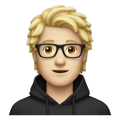 guy with white skin, puffy face, rectangle glasses and blonde hair with brown eyes, wearing a black hoodie sticker