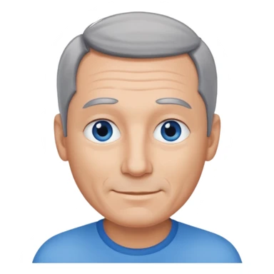 Middle aged man with receding grey and black hair and no beard, blue eyes, shy smile, tanned skin sticker