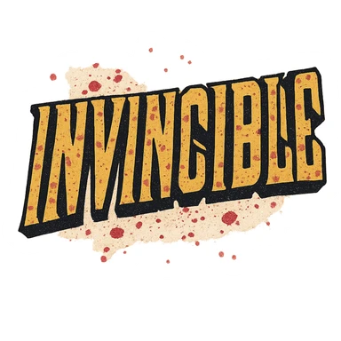 the word 'Invincible' in a gritty, distressed comic font, yellow with black outline, splattered with red, no background sticker