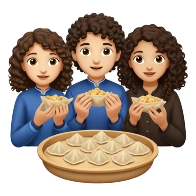 Can you create an emoji of three 23 year olds eating dumplings. One boy with wavy curly hair and one Jewish girl with long dark brown curly hair and one half Indian / half white girl with mid length dark brown hair. All brown eyes sticker