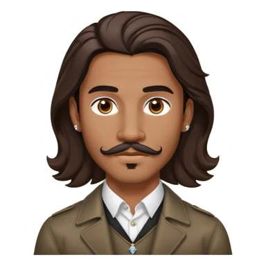 Young man with medium brown skin, mixed-race ethnicity, long wavy dark brown hair with an EXTREMELY PRECISE CENTER PART exactly aligned with the middle of the face, hair parted perfectly symmetrically on both sides, mustache separated from goatee, medium brown eyes, small diamond stud earrings, head only sticker