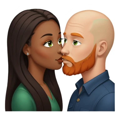 ebony black women with brown eyes and long balayage brown/black hair.  She is kissing bald white man. The White man is 47yrs old, pale, green eyes has orange facial hair and long beard  sticker