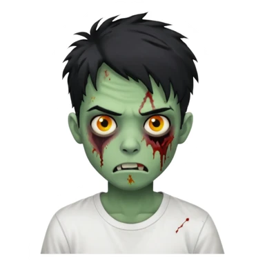 Rosto de frente classico de zombie boca meio torta cabelos medios grandes pretos bagunçados low fade com pele verde clara camiseta branca sem nenhum sangue no rosto e com cabelo bem adolescente e bagunçado sticker